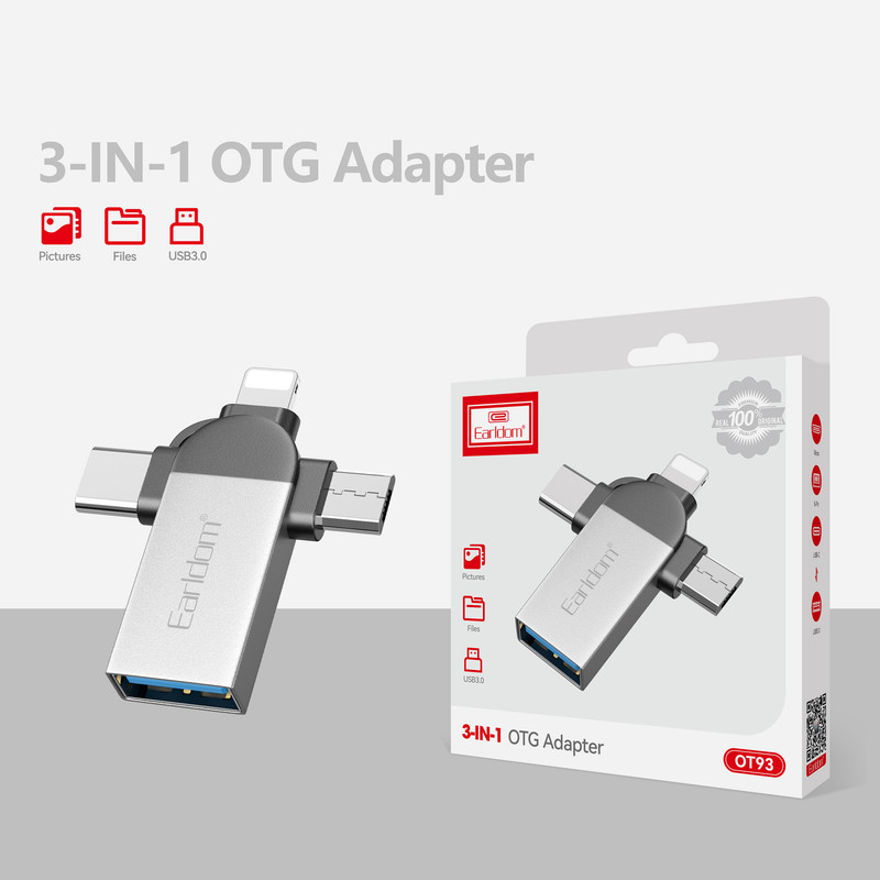 مبدل USB OTG به microUSB / لایتنینگ / USB-C ارلدام مدل ET-OT93