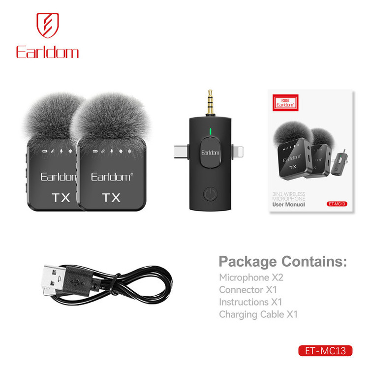 ست میکروفن بی سیم ارلدام مدل 3IN1 MC13 با درگاه اتصال USB-C و لایتنینگ و جک 3.5 میلی متری