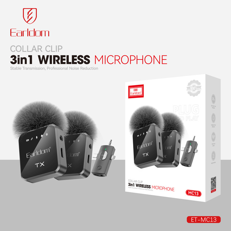 ست میکروفن بی سیم ارلدام مدل 3IN1 MC13 با درگاه اتصال USB-C و لایتنینگ و جک 3.5 میلی متری