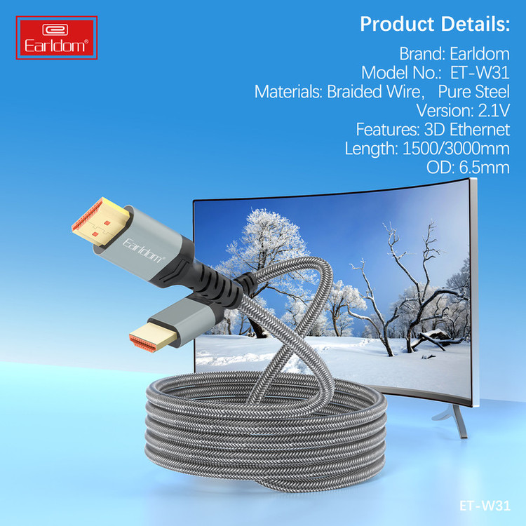 کابل HDMI ارلدام مدل W31 V2.1 8K طول 1.5 متر