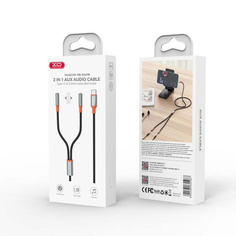کابل تبدیل USB-C به جک 3.5 میلیمتری ایکس او مدل NB-R269B 2 in1 طول 1.2 متر