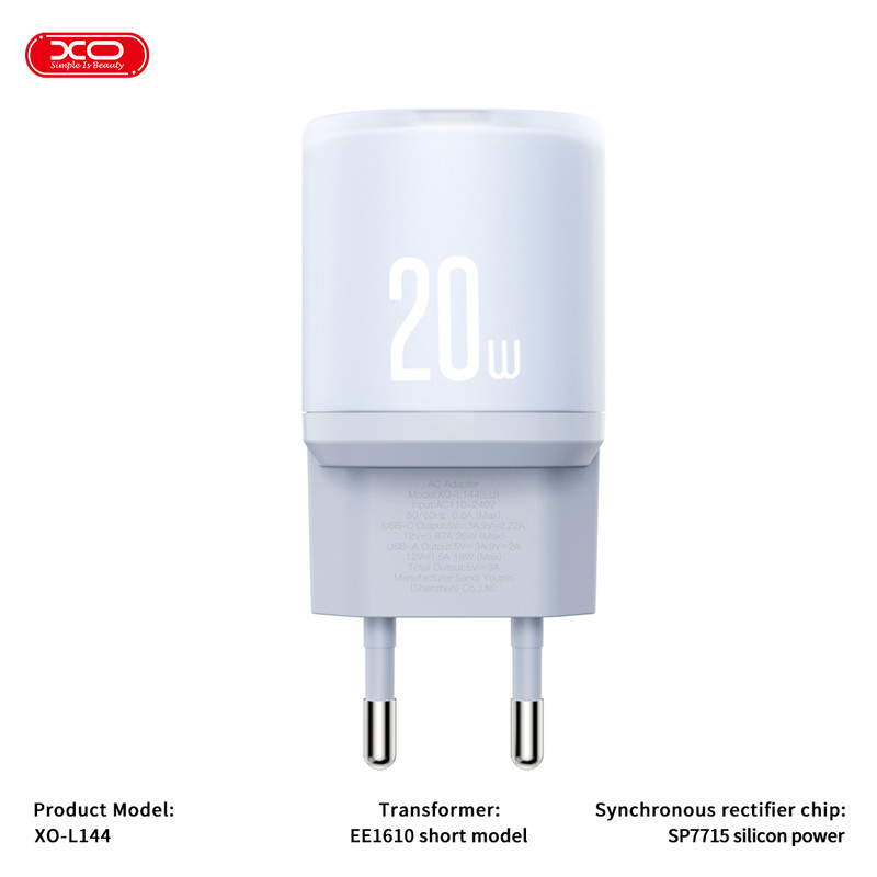 شارژر دیواری 20 وات دو پورت ایکس او مدل L144