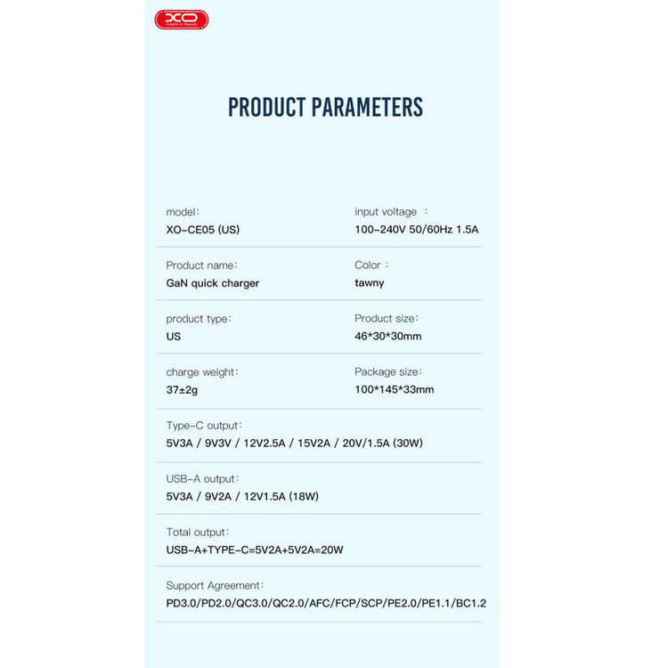 شارژر 30 وات دیواری ایکس او مدل xo-ce05 eu