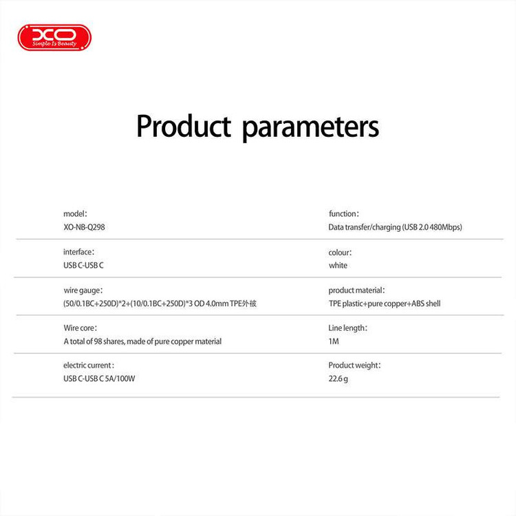 کابل تبدیل USB-C ایکس او مدل NB-Q298 طول 1 متر