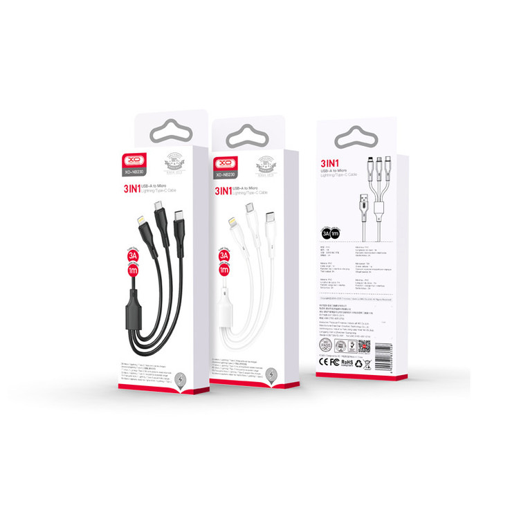 کابل تبدیل USB به لایتنینگ/USB-C/microUSB ایکس او مدل NB 230 طول 1 متر