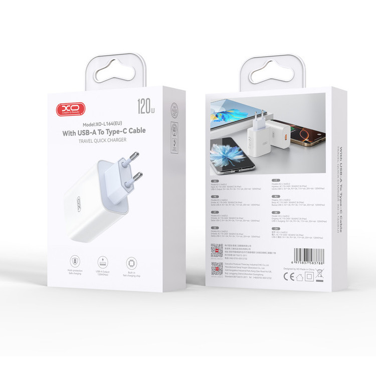 شارژر دیواری 30 وات ایکس او مدل L164 EU به همراه کابل تبدیل USB-C به USB