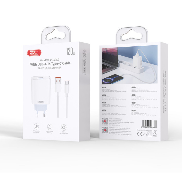 شارژر دیواری 30 وات ایکس او مدل L164 EU به همراه کابل تبدیل USB-C به USB