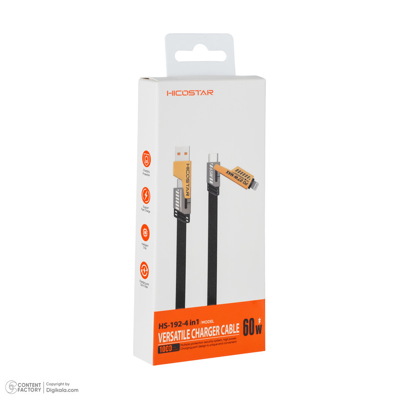 کابل تبدیل USB-C/USB به لایتنینگ/USB-C هایکواستار مدل HS-192-4 in1 60w طول 1 متر