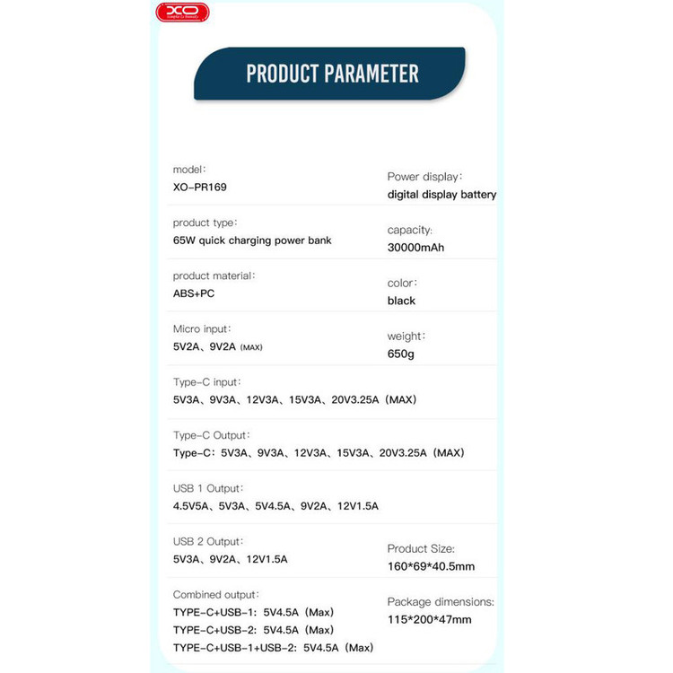 پاوربانک ایکس او مدل pr-169 ظرفیت 30000 میلی آمپر ساعت