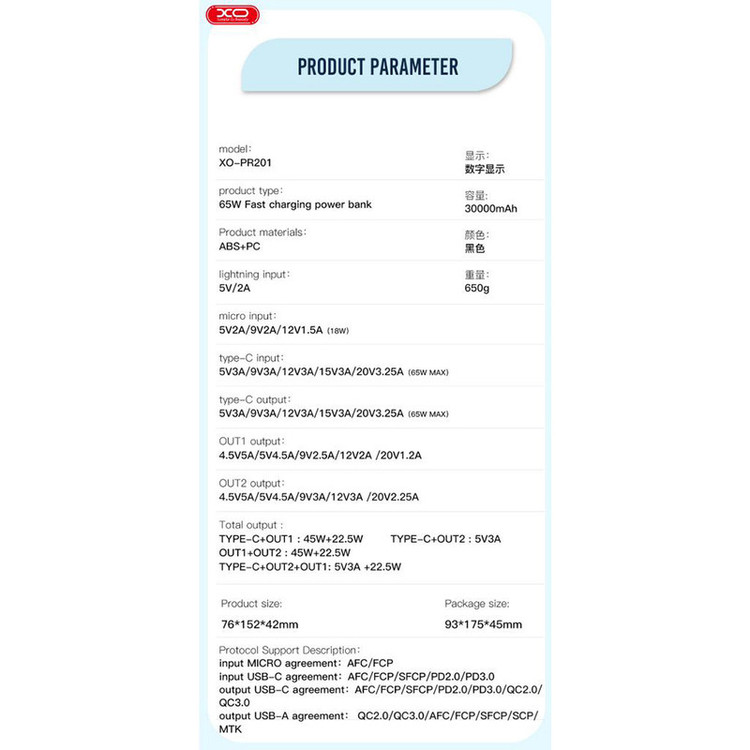پاوربانک ایکس او مدل PR-201 ظرفیت 30000 میلی آمپر ساعت