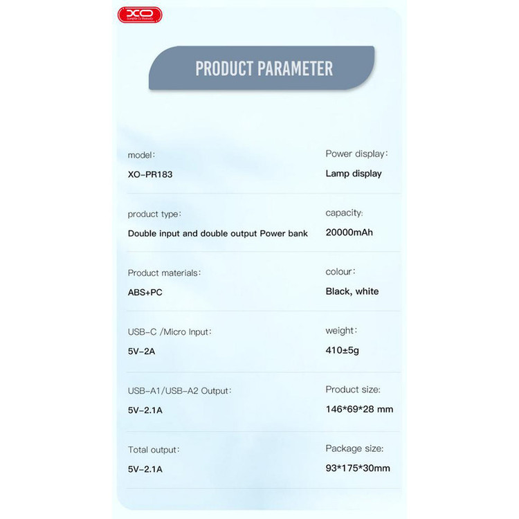پاوربانک ایکس او مدل PR-183 ظرفیت 20000 میلی آمپر ساعت