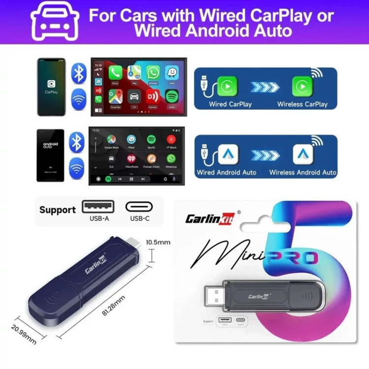 دانگل تبدیل کارپلی و اندروید اتو وایر به وایرلس CARLINKIT MINI SE PRO