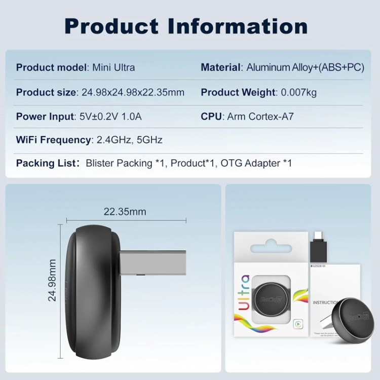 دانگل وایرلس کارپلی و اندروید اتو کارلینکیت مدل Carlinkit Mini Ultra3