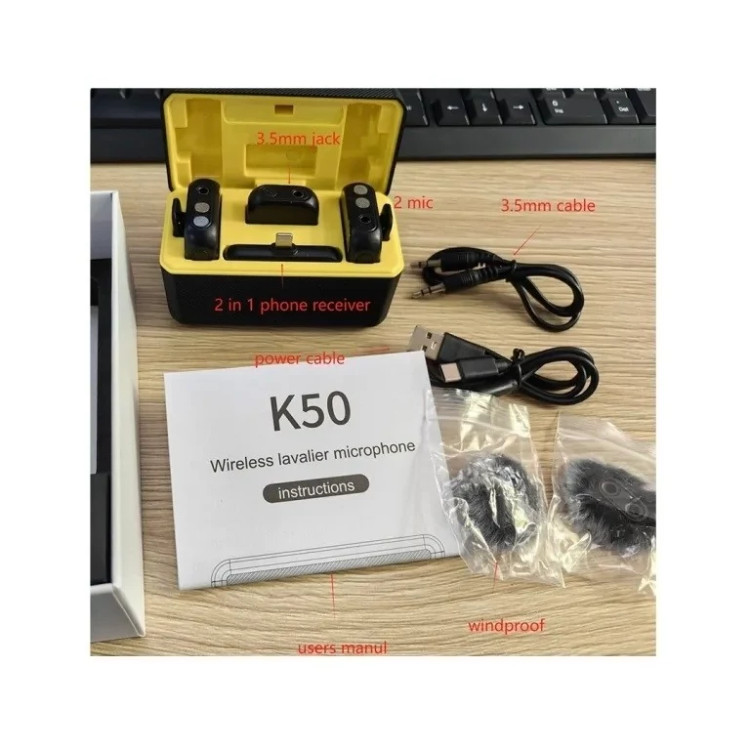 میکروفون یقه ای K50 دو کاربره - مناسب تایپ سی+آیفون+دوربین