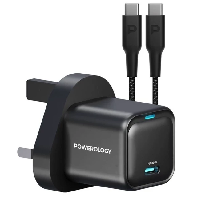شارژر دیواری فست شارژ تایپ سی 20 وات با کابل دو سر تایپ سی  60 وات پاورولوژی PWCUQC016 Powerology 20W