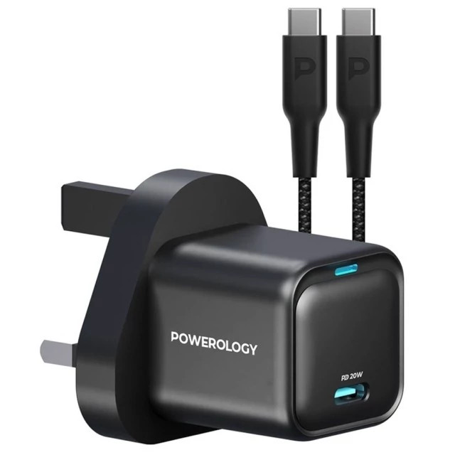 شارژر دیواری فست شارژ تایپ سی 20 وات با کابل دو سر تایپ سی 60 وات پاورولوژی PWCUQC016 Powerology 20W