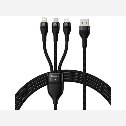 کابل شارژ و دیتا سه کاره (میکرو، تایپ سی، لایتنینگ) بیسوس مدل Flash Series One-for-three Fast Charging Data Cable USB