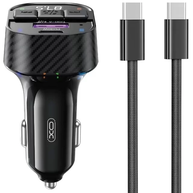 شارژر فندکی فست شارژ ماشین 30 وات و گیرنده بلوتوث خودرو با کابل دو سر تایپ سی ایکس او BCC17 XO-BCC17 TYPE-C TO