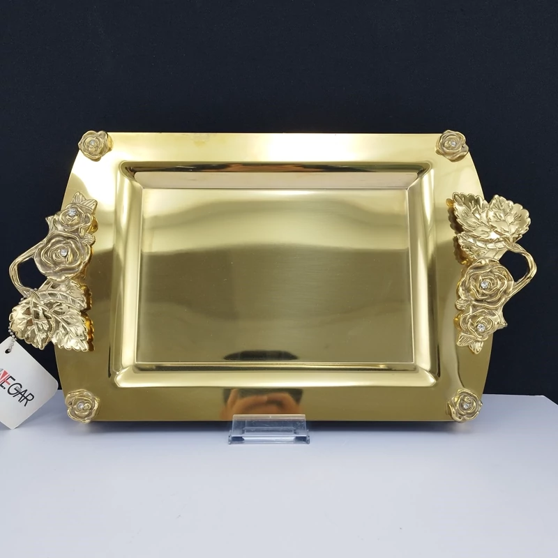 سینی طلایی نگار مستطیل کوچک کد 600 مدل رز