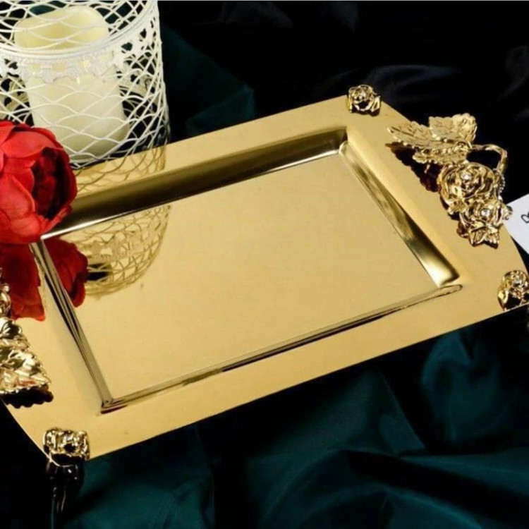 سینی طلایی نگار مستطیل کوچک کد 600 مدل رز