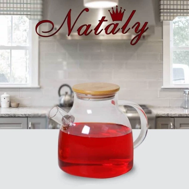 قوری دمنوش پیرکس ساده 1000 میلی لیتر درب بامبو NATALY ناتالی شعله مستقیم