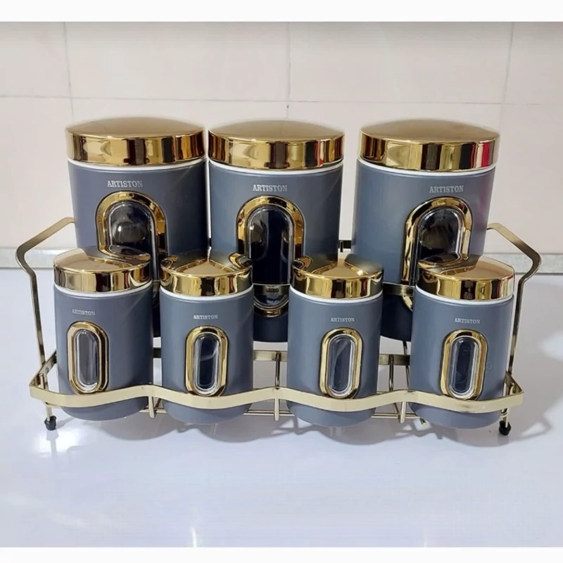 ست 8 پارچه ادویه و حبوبات استیل آرتیستون درب طلا کد 8566