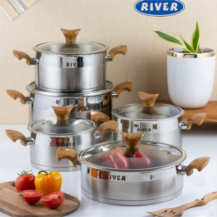 سرویس قابلمه استیل 10 پارچه ریور دسته چوبی کد 3300 با ضمانت 18 ماهه ارسال رایگان