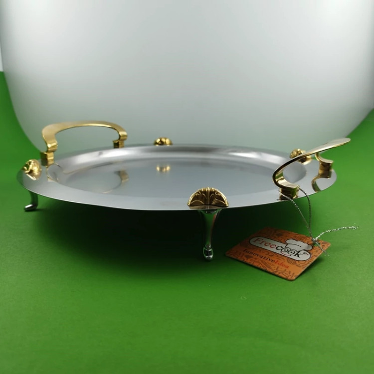 سینی استیل گرد فری کوک مدل ساده دسته طلایی کد 0077 ارسال رایگان