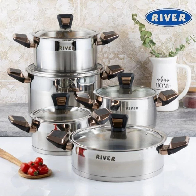 سرویس قابلمه استیل 10 پارچه ریور دسته رزگلد کد 3301 با ضمانت 18 ماهه ارسال رایگان