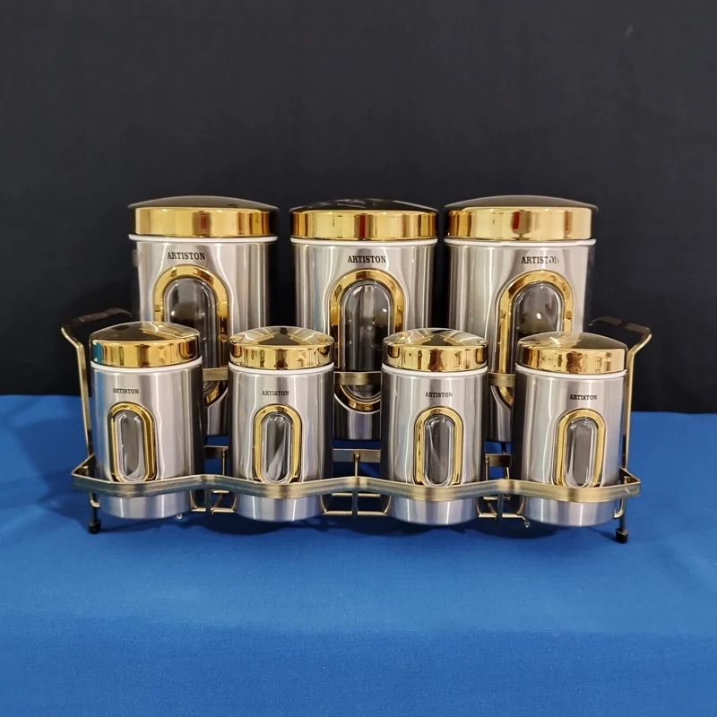 ست 8 پارچه ادویه و حبوبات استیل آرتیستون درب طلایی کد 8546