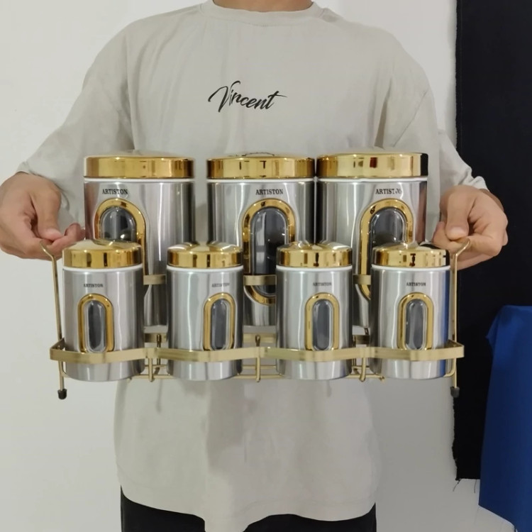 ست 8 پارچه ادویه و حبوبات استیل آرتیستون درب طلایی کد 8546