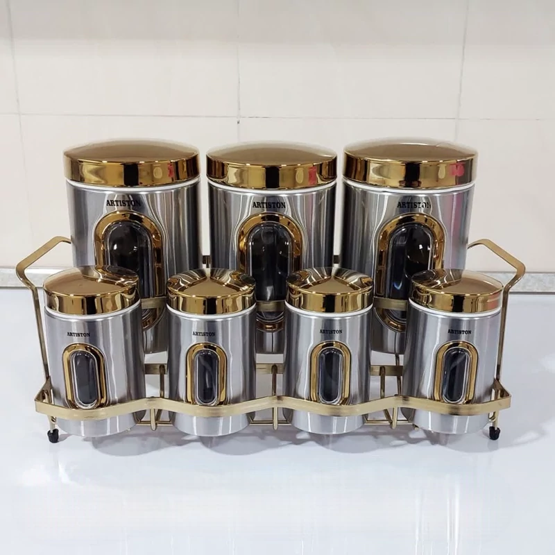 ست 8 پارچه ادویه و حبوبات استیل آرتیستون درب طلایی کد 8546