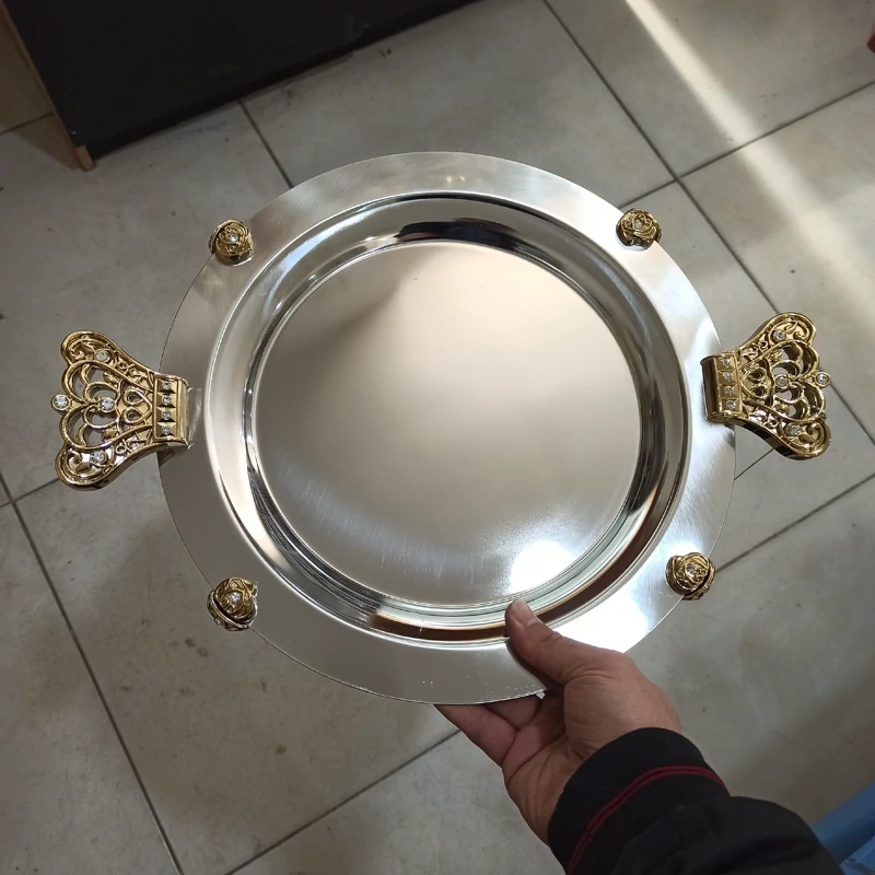 سینی استیل نگار کوچک گرد کد 422 مدل تاج طلایی