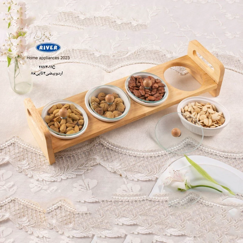 اردو خوری سرامیکی 4 پیاله بیضی با سینی چوبی برند RIVER کد 11C-2873