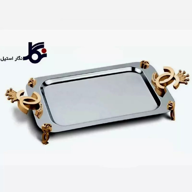 سینی استیل مستطیل نگار متوسط مدل شنل طلایی کد 452 ارسال رایگان