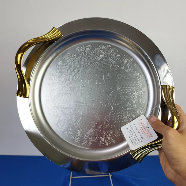 سینی استیل آرتیستون گرد دسته طلایی کد 14479