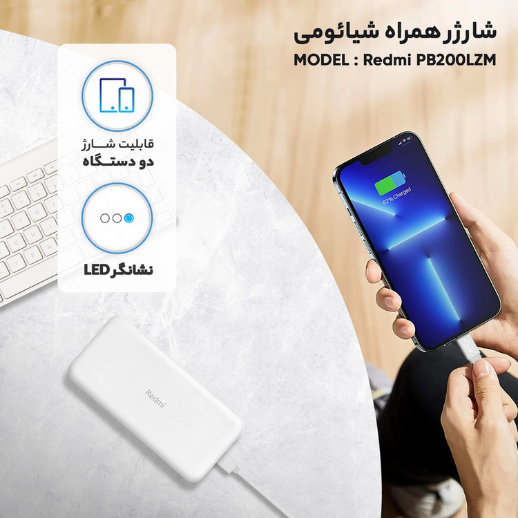 پاوربانک 18 وات شیائومی مدل Redmi PB200LZM ظرفیت 20000 میلی آمپر ساعت