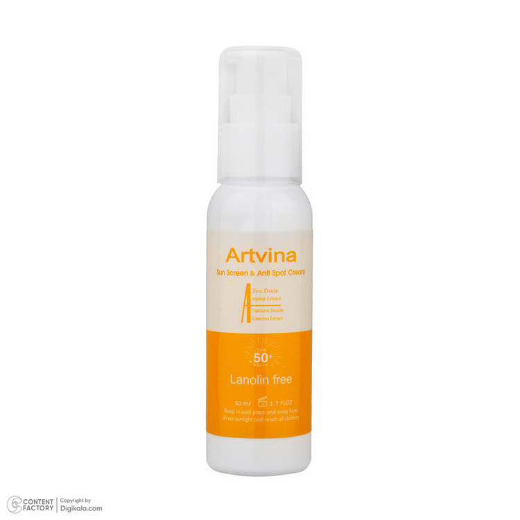 کرم ضد آفتاب بیرنگ صورت آرت وینا SPF 50 مدل Lanolin Free محافظ +++PA مناسب برای انواع پوست حجم 50 میلیلیتر