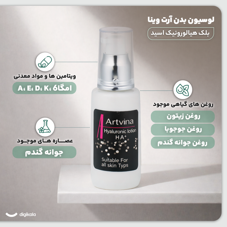 لوسیون بدن هیالورونیک آرت وینا حجم 50 میلیلیتر، کرمی مرطوبکننده و ضد خشکی با روغن زیتون، روغن جوجوبا، سرامید، آنتیاکسیدان و ویتامینهای A ،E ،D ،K و امگا 6 مناسب بانوان و آقایان