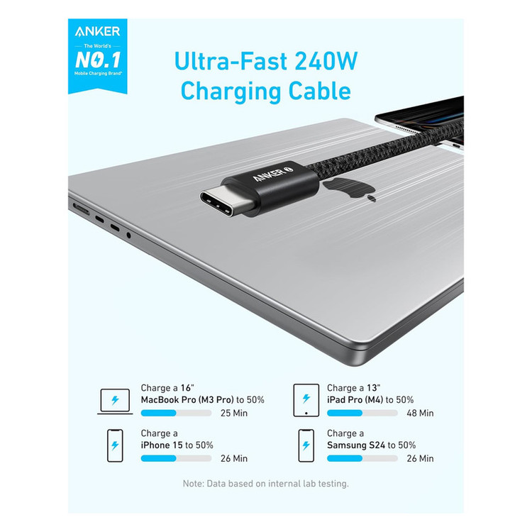کابل تبدیل USB-C به USB-C انکر مدل Zolo A8060 طول 0.9 متر با توان 240 وات