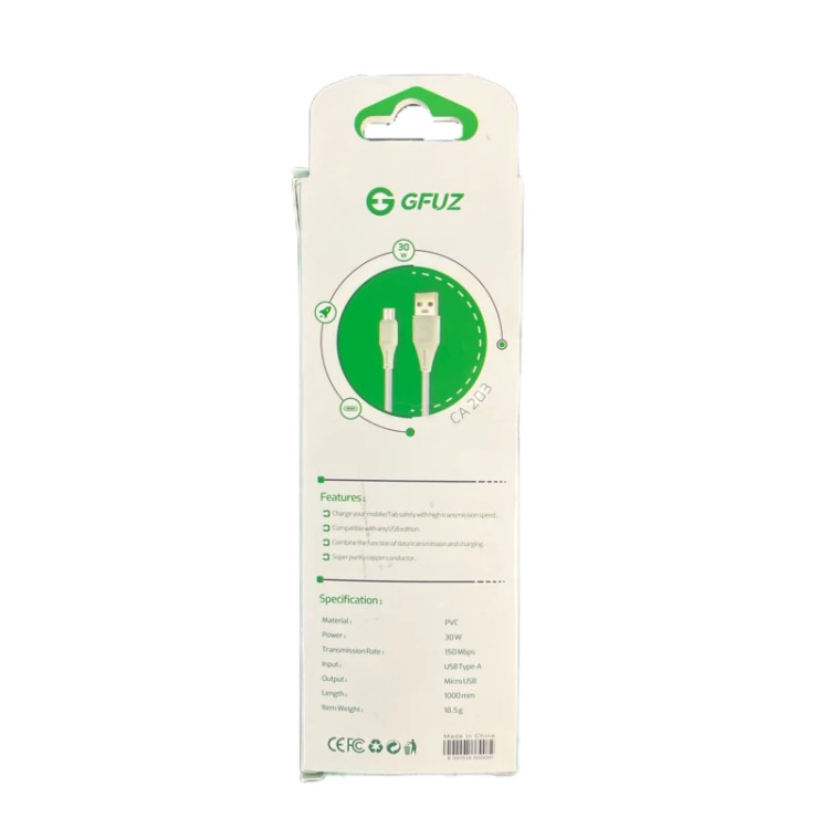 کابل شارژ GFUZ یواسبی به میکرویواسبی (اندرویدی) 1 متری کد CA203