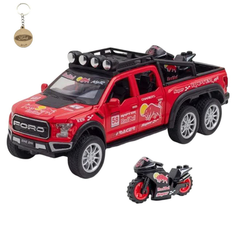 ماکت ماشین ناب سل مدل  وانت فورد رپتور شش چرخ فلزی چراغدار موزیکال با موتور FORD RAPTOR به همراه جاسوییچی