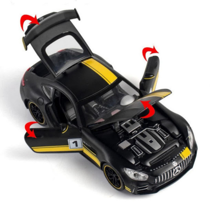 ماکت ماشین ناب سل مدل مرسدس بنز چه ژی دودزا فلزی اسپرت چراغدار موزیکال MERCDES BENZ AMG GTR NAAB002 به همراه جاسوییچی