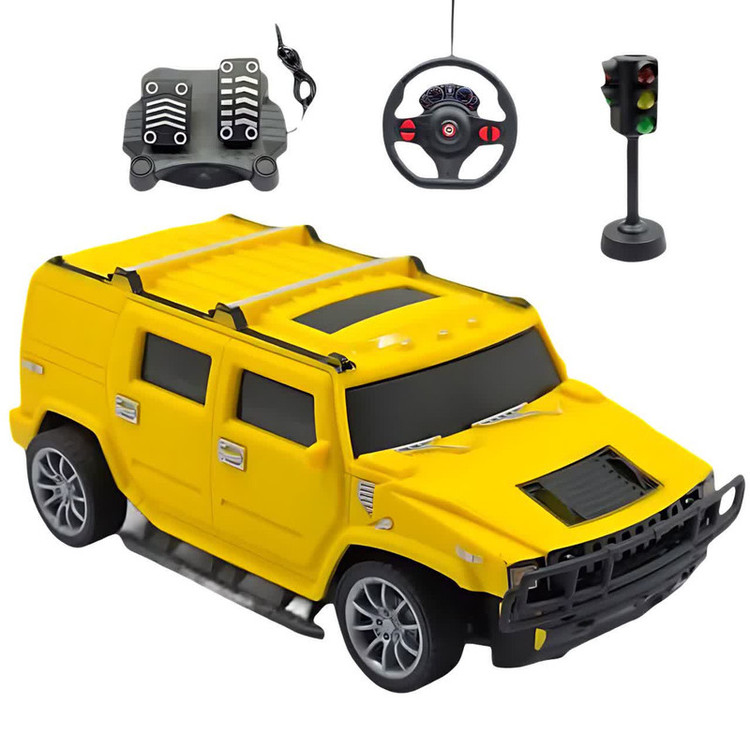 ماشین بازی کنترلی ناب سل مدل هامر شارژی پدال دار فرمانی چراغ دار همراه با چراغ راهنمایی Rechargeable hammer yl with pedals, illuminated steering wheel and traffic lights