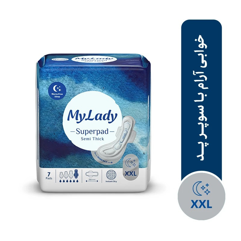 مجموعه 3 عددی نوار بهداشتی شب مای لیدی مدل سوپرپد، سایز XXL با ضخامت متوسط، لایه رویی مشبک با جذب خیلی زیاد، بسته 7 ع...